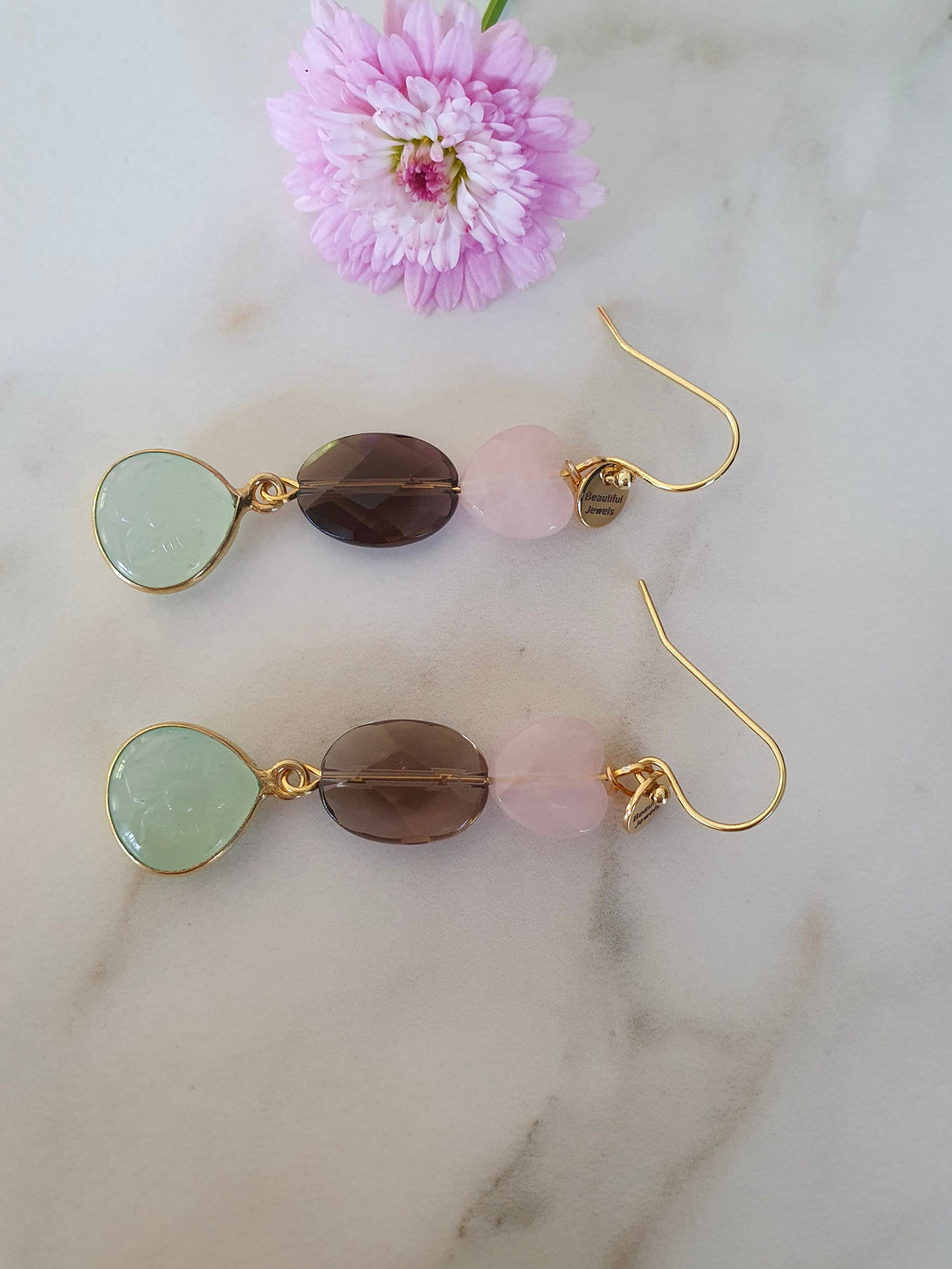 Gemstone Drop Earrings With Carved Daisy Chalcedony And Quartz Crystal, April Birth Flower