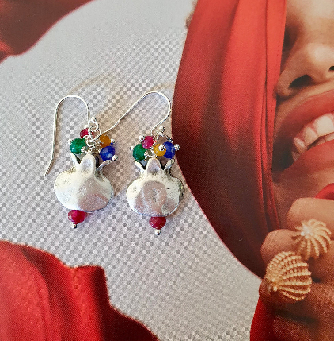 Pomegranate Earrings With Sapphire, Ruby And Emeralds, May, July And September Birthstone Jewellery