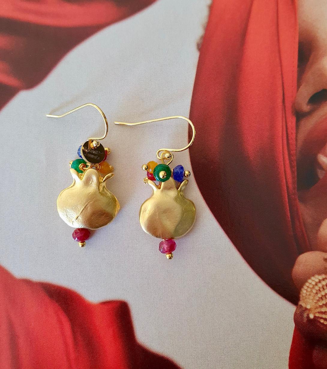 Pomegranate Earrings With Sapphire, Ruby And Emeralds, May, July And September Birthstone Jewellery