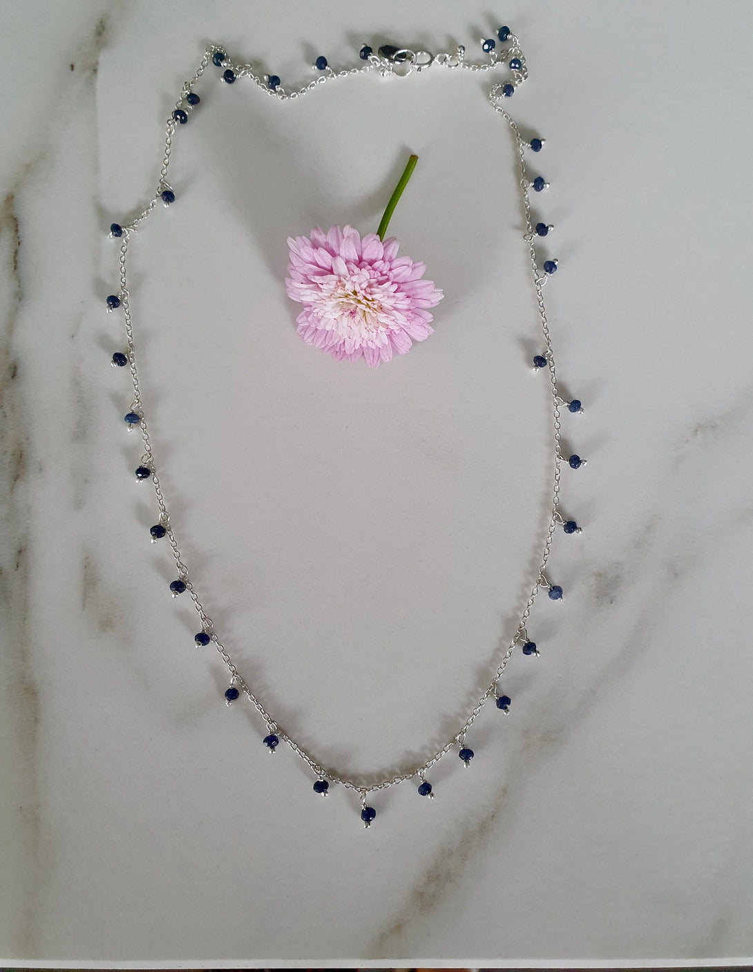 Dainty Sapphire Bead Necklace In Sterling Silver, September Birthstone