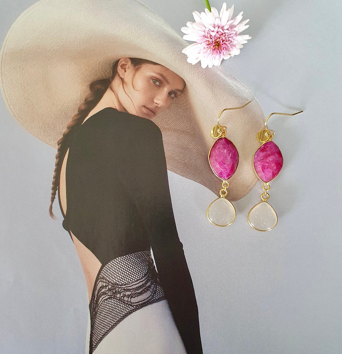 Raw Ruby and Carved White Chalcedony Drop Earrings, April Birth Flower