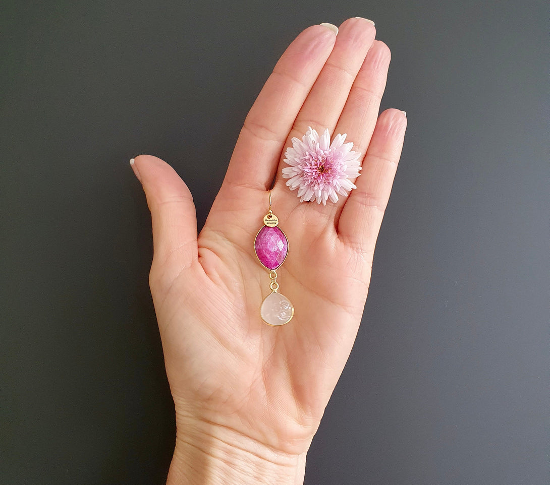 Raw Ruby and Carved White Chalcedony Drop Earrings, April Birth Flower