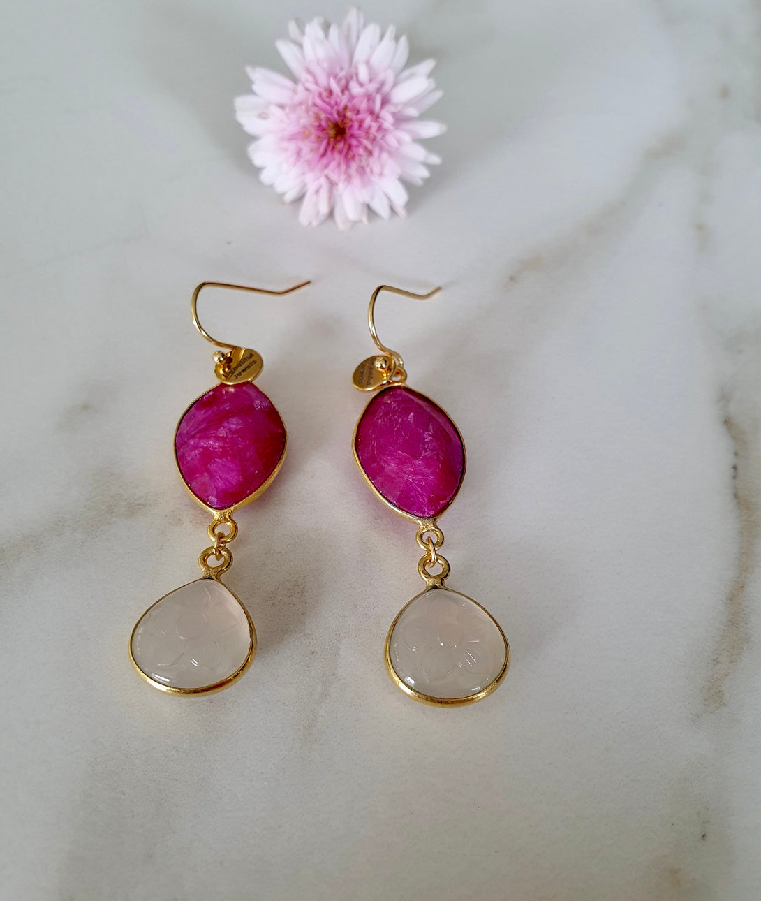 Raw Ruby and Carved White Chalcedony Drop Earrings, April Birth Flower