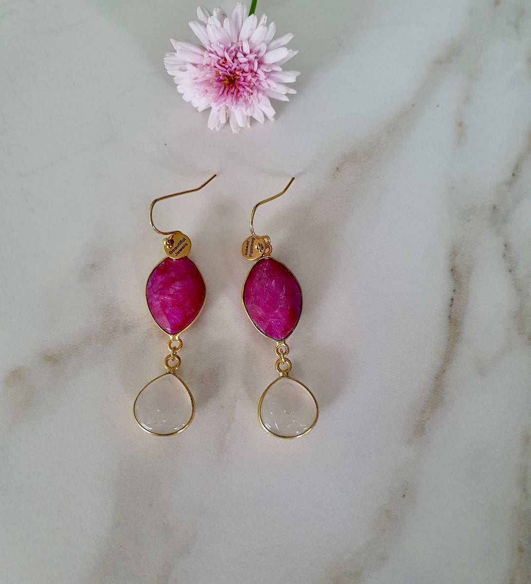 Raw Ruby and Carved White Chalcedony Drop Earrings, April Birth Flower