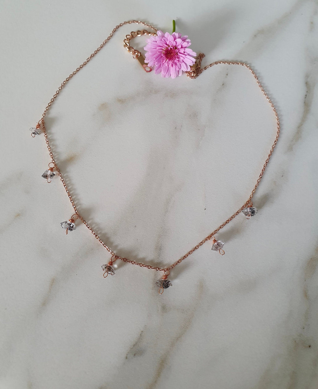 Rose Gold Herkimer Diamond Bead Gemstone Drop Necklace, April Birthstone