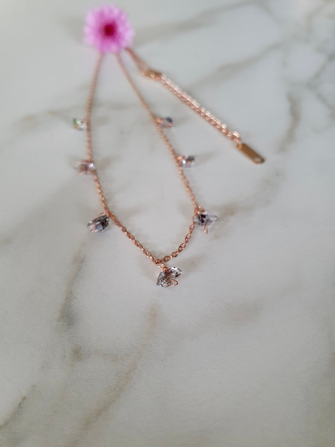 Rose Gold Herkimer Diamond Bead Gemstone Drop Necklace, April Birthstone