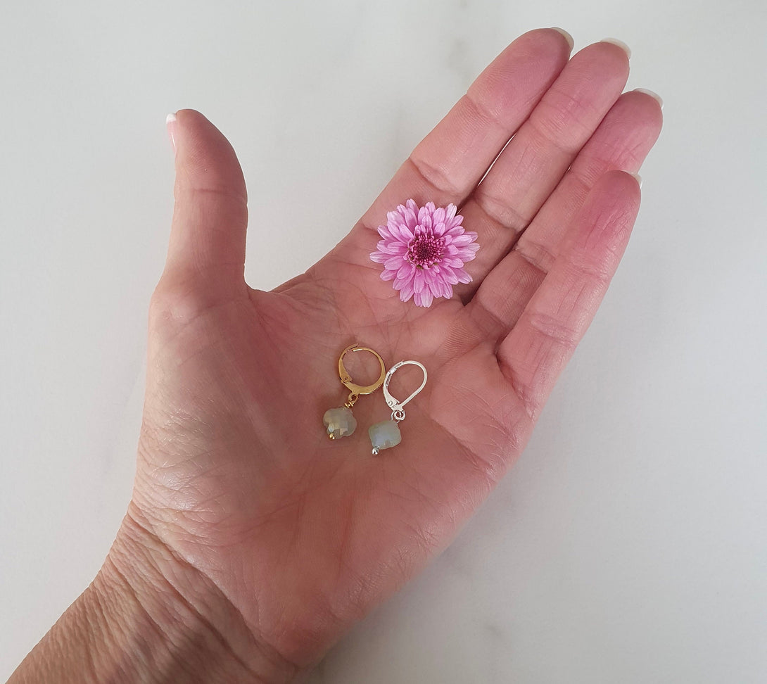 Aquamarine Austrian Crystal Clover Earrings, March Birthstone, Shower Proof, Swim Proof, Sweat Proof