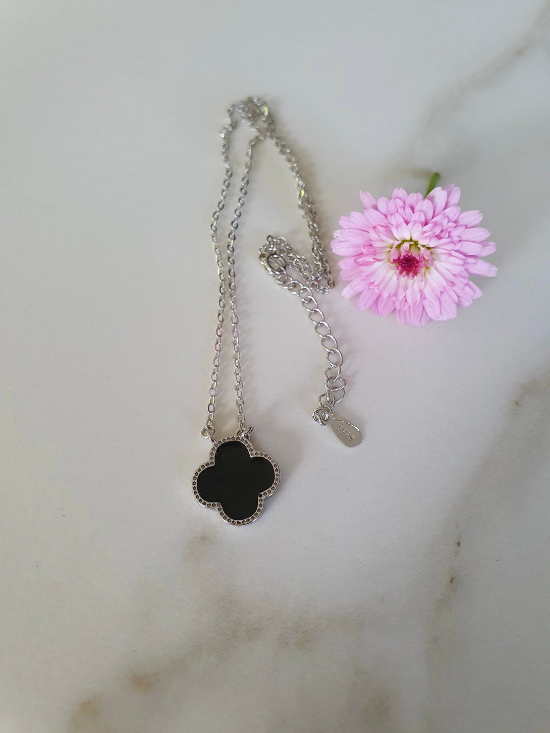 Sterling Silver And Black Enamel Clover Necklace