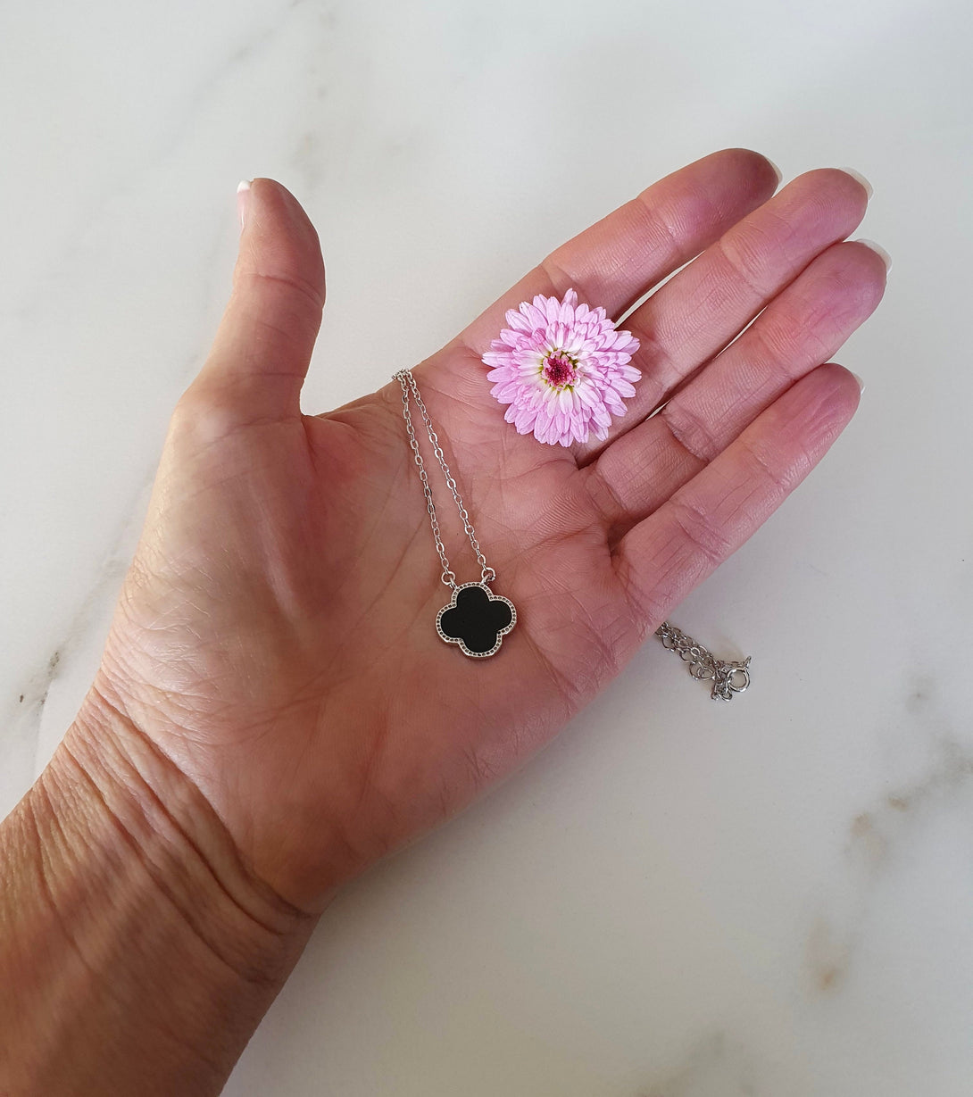 Sterling Silver And Black Enamel Clover Necklace