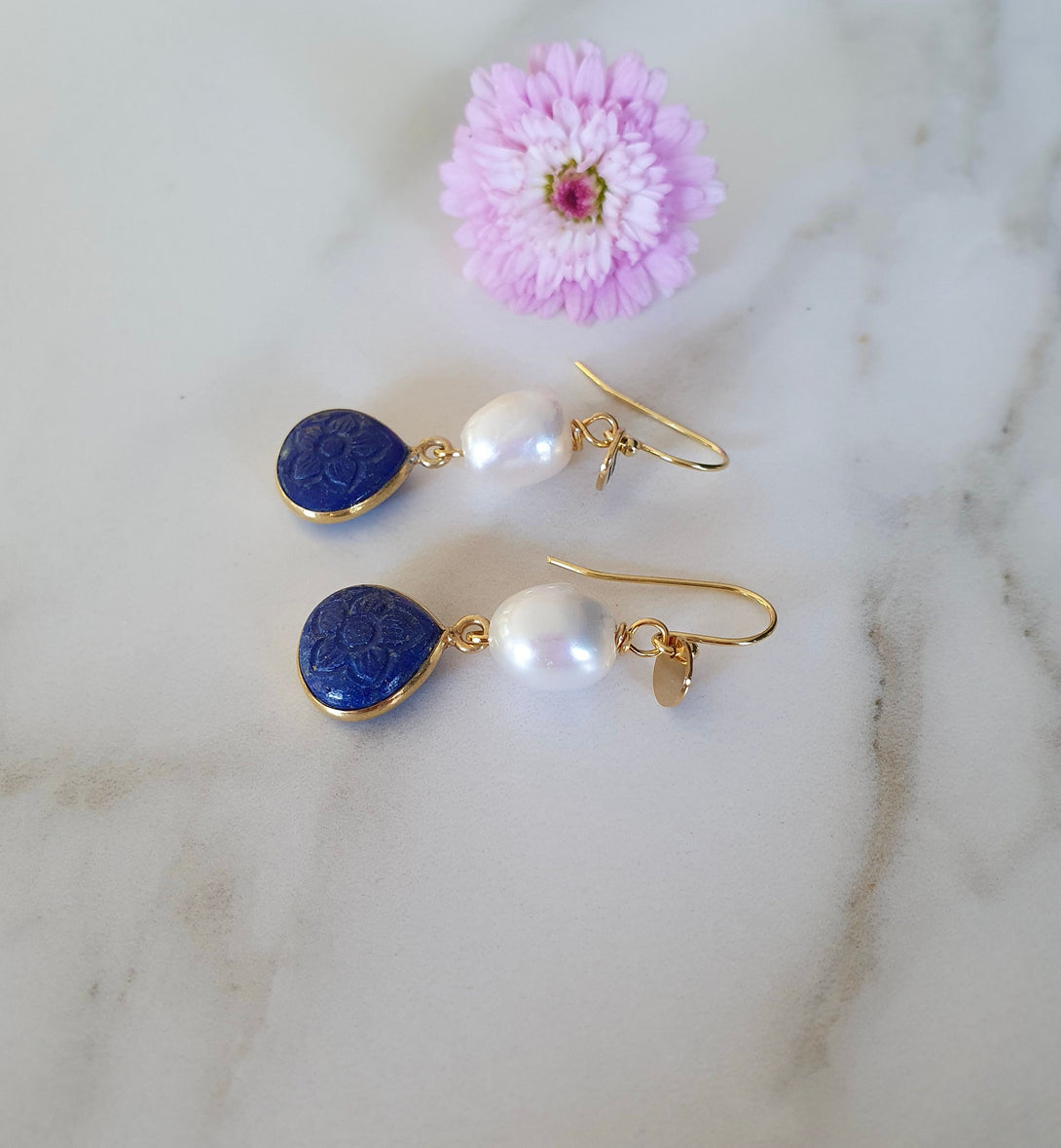 Carved Gemstone And Pearl Drop Earrings, Lapis Lazuli Flower Carving, June And September Birthstone Jewellery