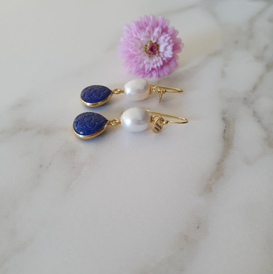 Carved Gemstone And Pearl Drop Earrings, Lapis Lazuli Flower Carving, June And September Birthstone Jewellery