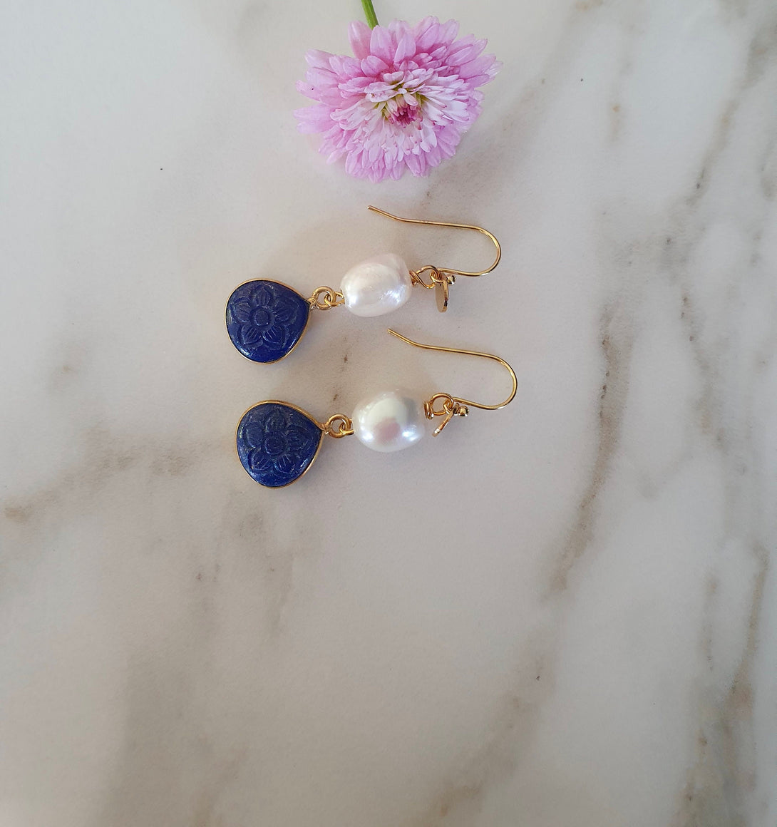 Carved Gemstone And Pearl Drop Earrings, Lapis Lazuli Flower Carving, June And September Birthstone Jewellery