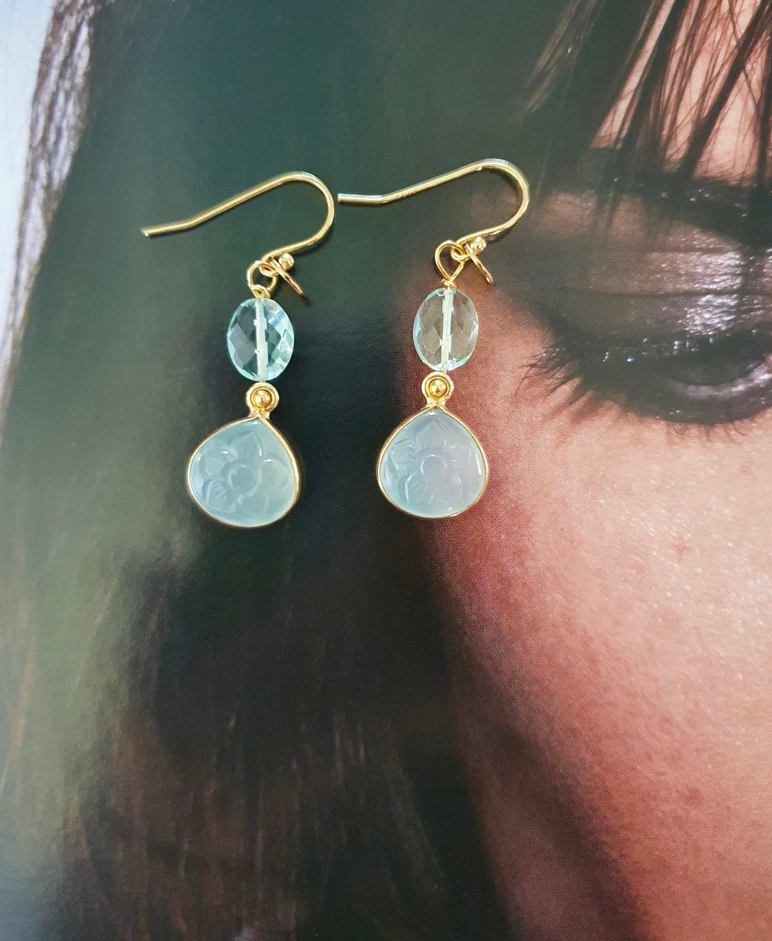 Carved Aqua Chalcedony and Green Amethyst Earrings, Symbolic Birthstone Jewellery