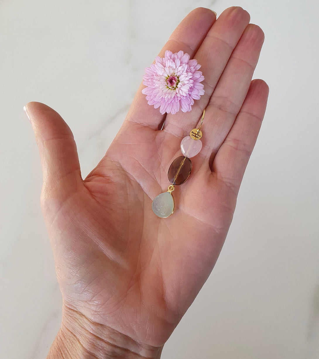 Gemstone Drop Earrings With Carved Daisy Chalcedony And Quartz Crystal, April Birth Flower