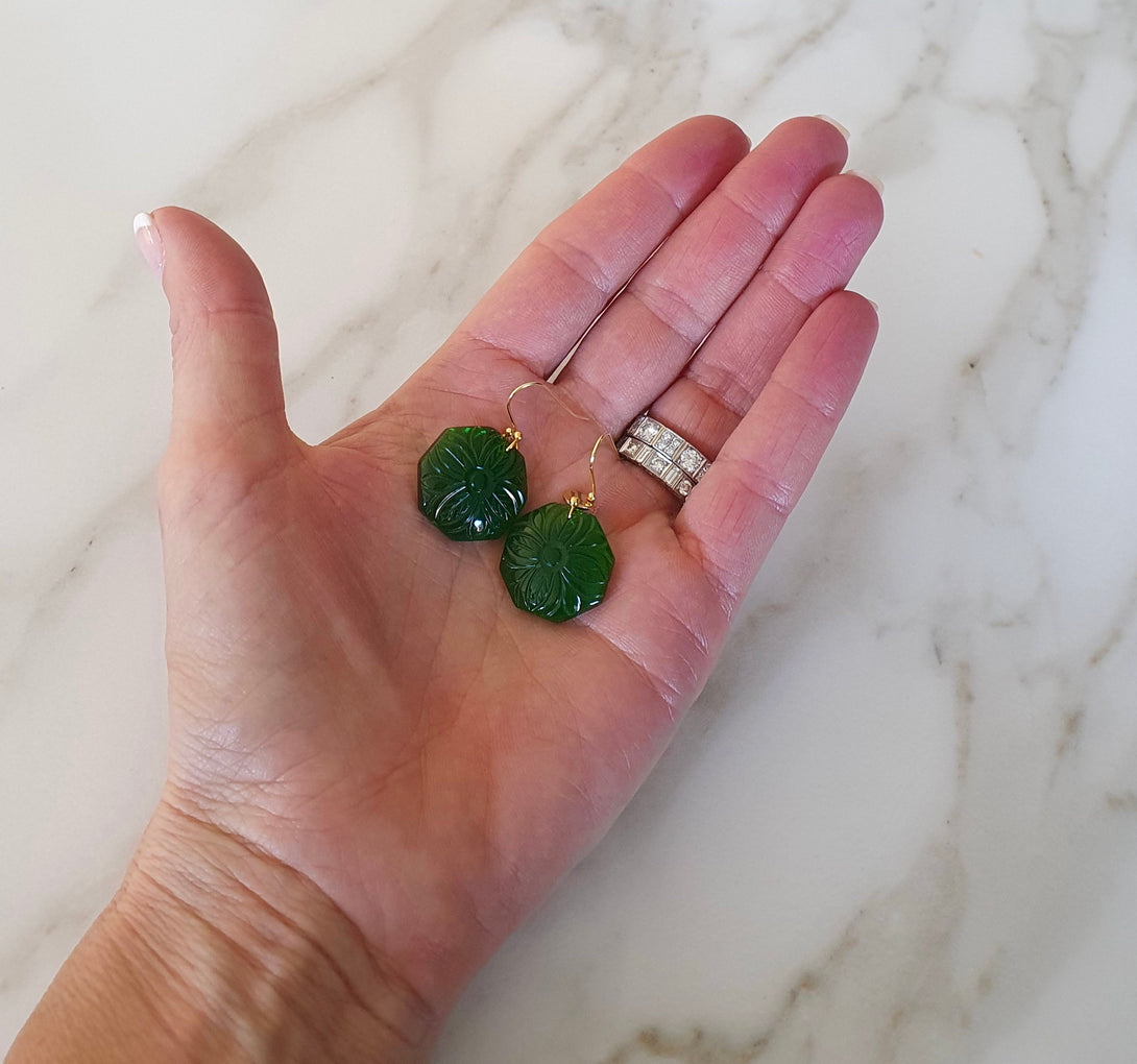 Carved Daisy Flower Gemstone Earrings, Emerald Green Or Ruby Red April Birth Flower