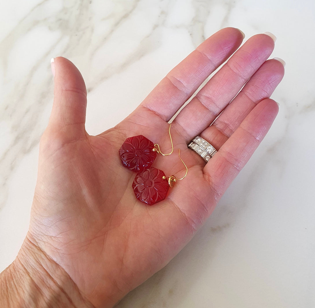 Carved Daisy Flower Gemstone Earrings, Emerald Green Or Ruby Red April Birth Flower