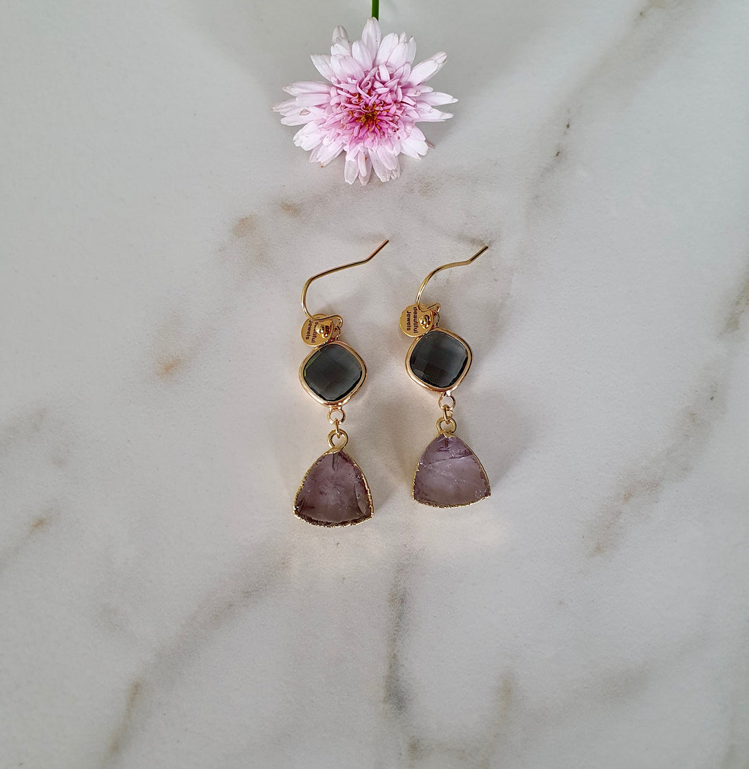 Raw Stone Drop Earrings, Amethyst And Austrian Crystal Birthstone Jewellery