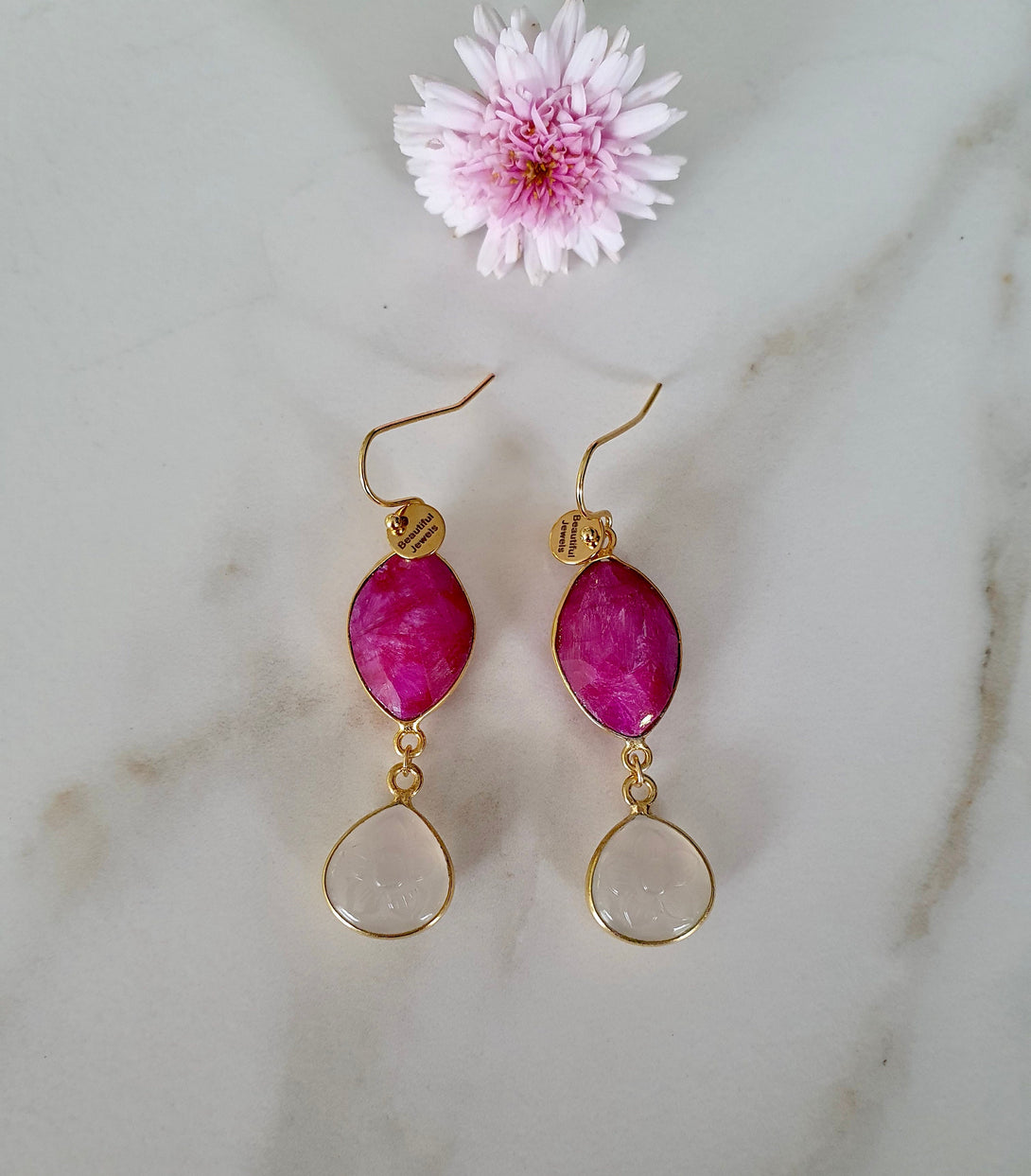 Raw Ruby and Carved White Chalcedony Drop Earrings, April Birth Flower