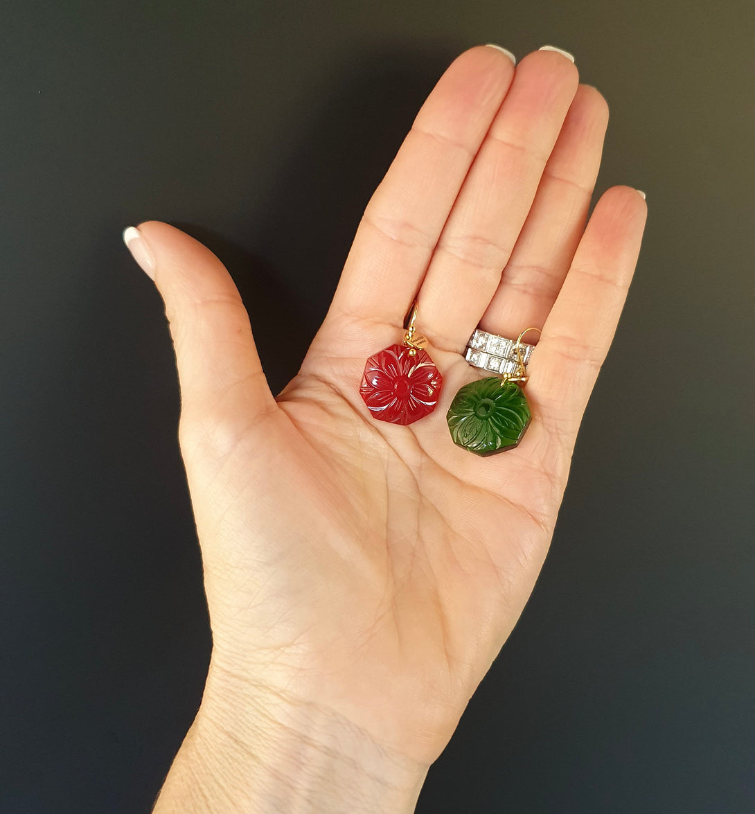 Carved Daisy Flower Gemstone Earrings, Emerald Green Or Ruby Red April Birth Flower