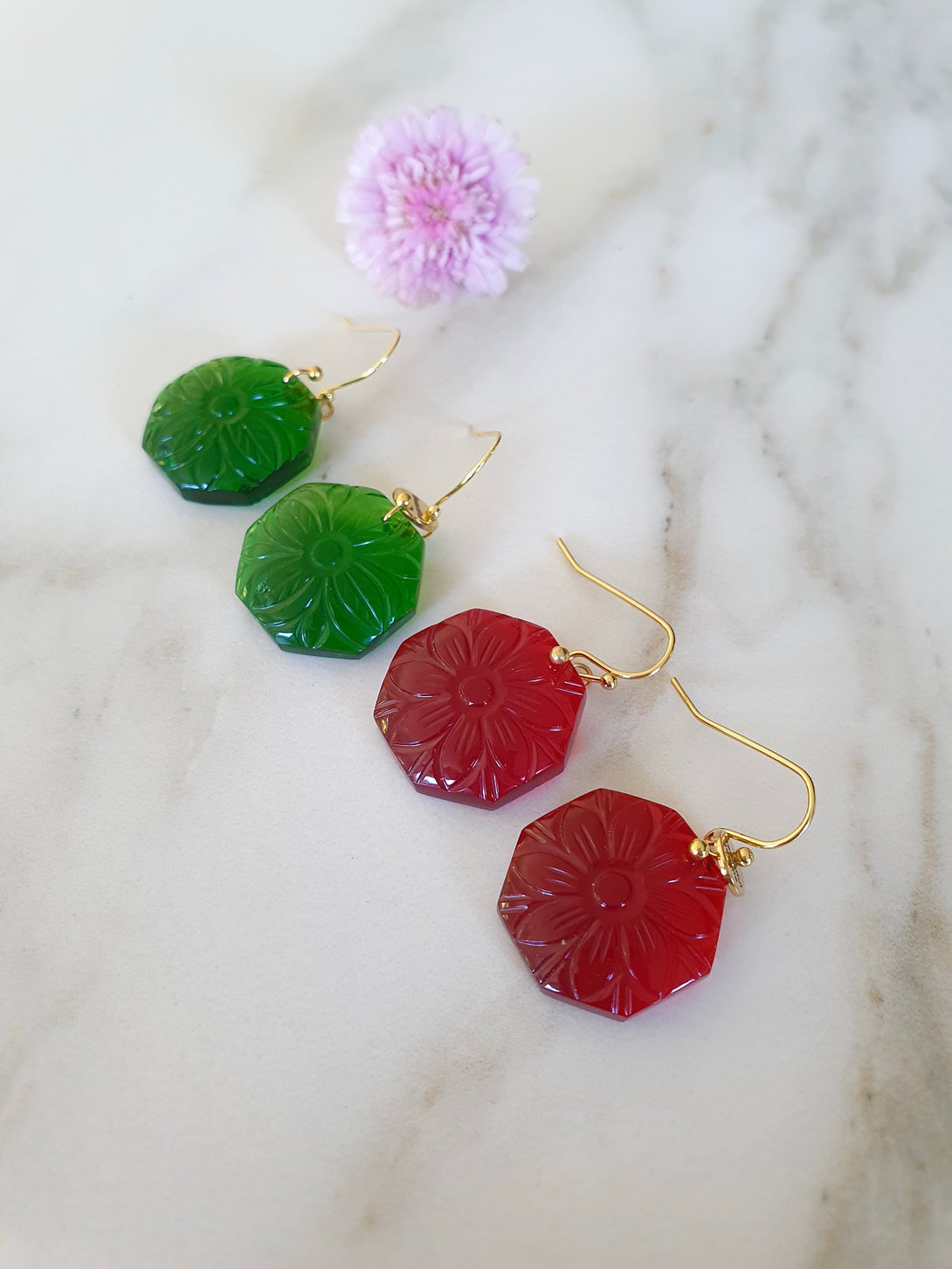 Carved Daisy Flower Gemstone Earrings, Emerald Green Or Ruby Red April Birth Flower