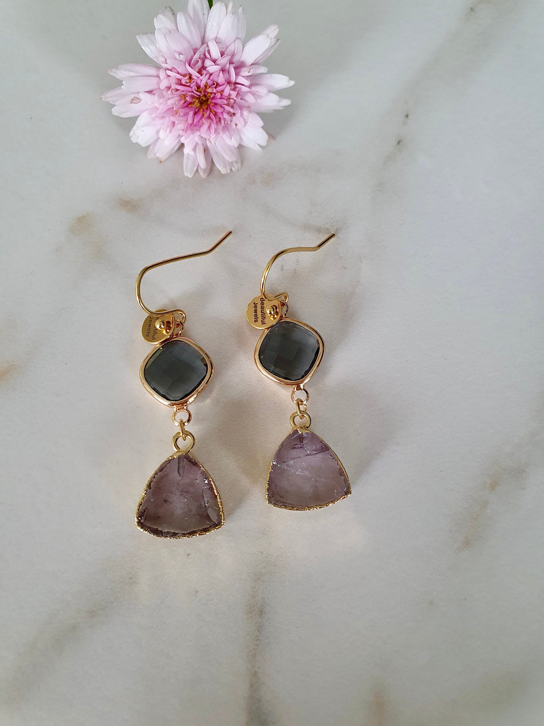 Raw Stone Drop Earrings, Amethyst And Austrian Crystal Birthstone Jewellery