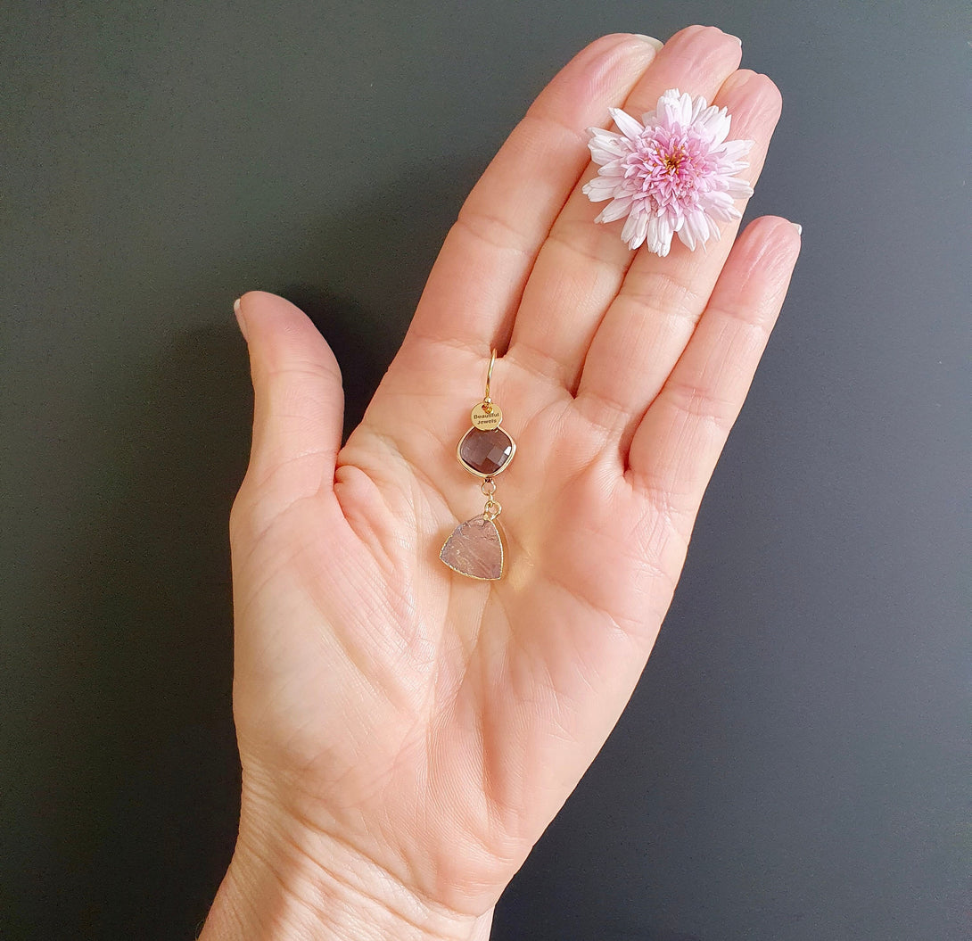 Raw Stone Drop Earrings, Amethyst And Austrian Crystal Birthstone Jewellery