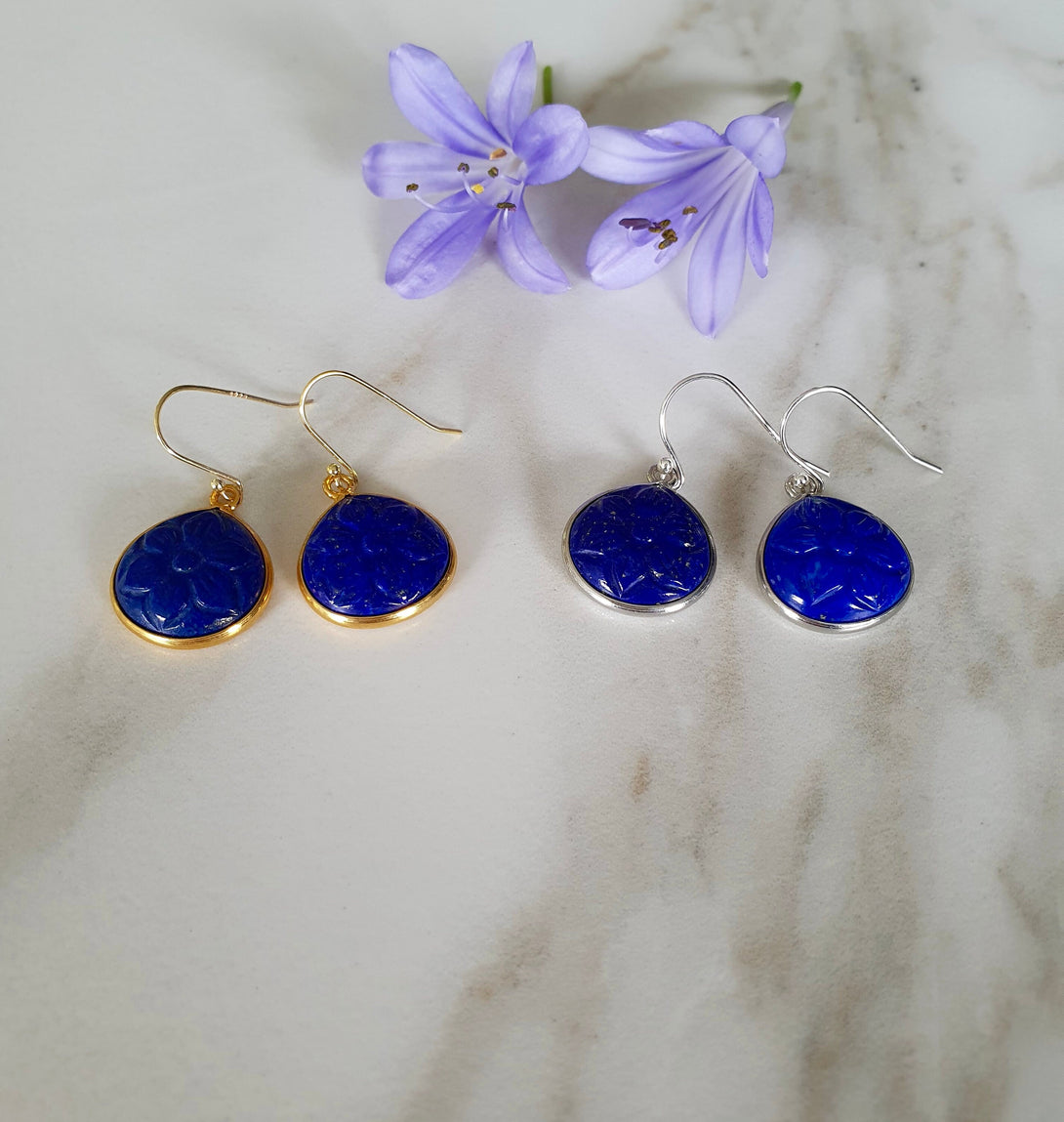 Blue Lapis Lazuli Carved Daisy Flower Earrings, April Birth Flower, September Birthstone Jewellery