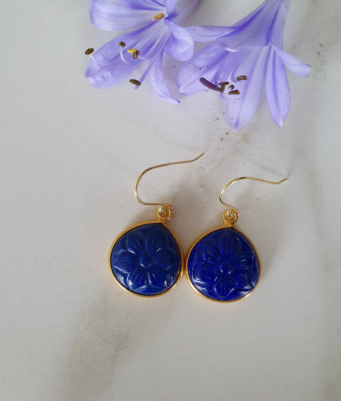 Blue Lapis Lazuli Carved Daisy Flower Earrings, April Birth Flower, September Birthstone Jewellery