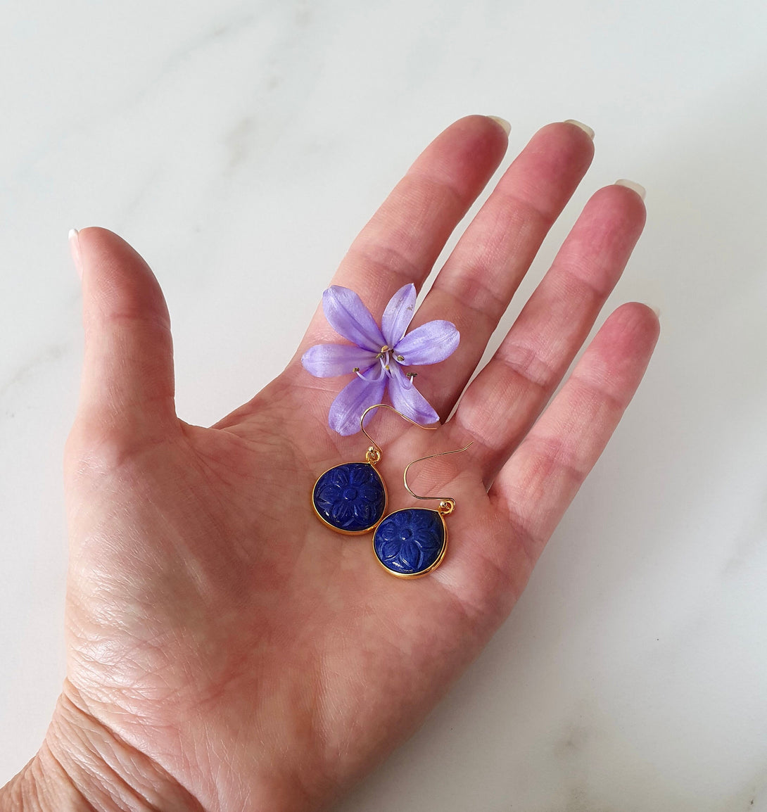 Blue Lapis Lazuli Carved Daisy Flower Earrings, April Birth Flower, September Birthstone Jewellery