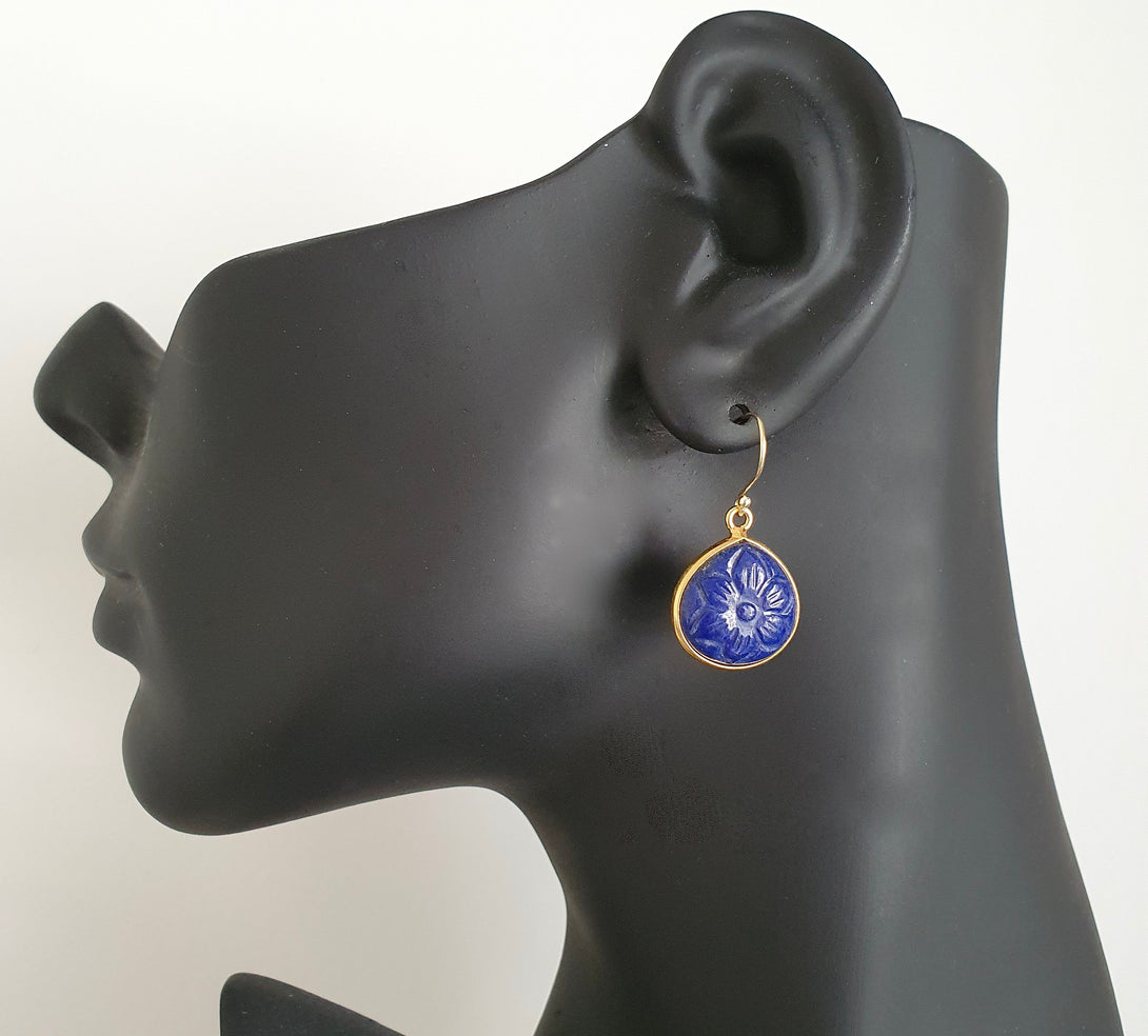 Blue Lapis Lazuli Carved Daisy Flower Earrings, April Birth Flower, September Birthstone Jewellery