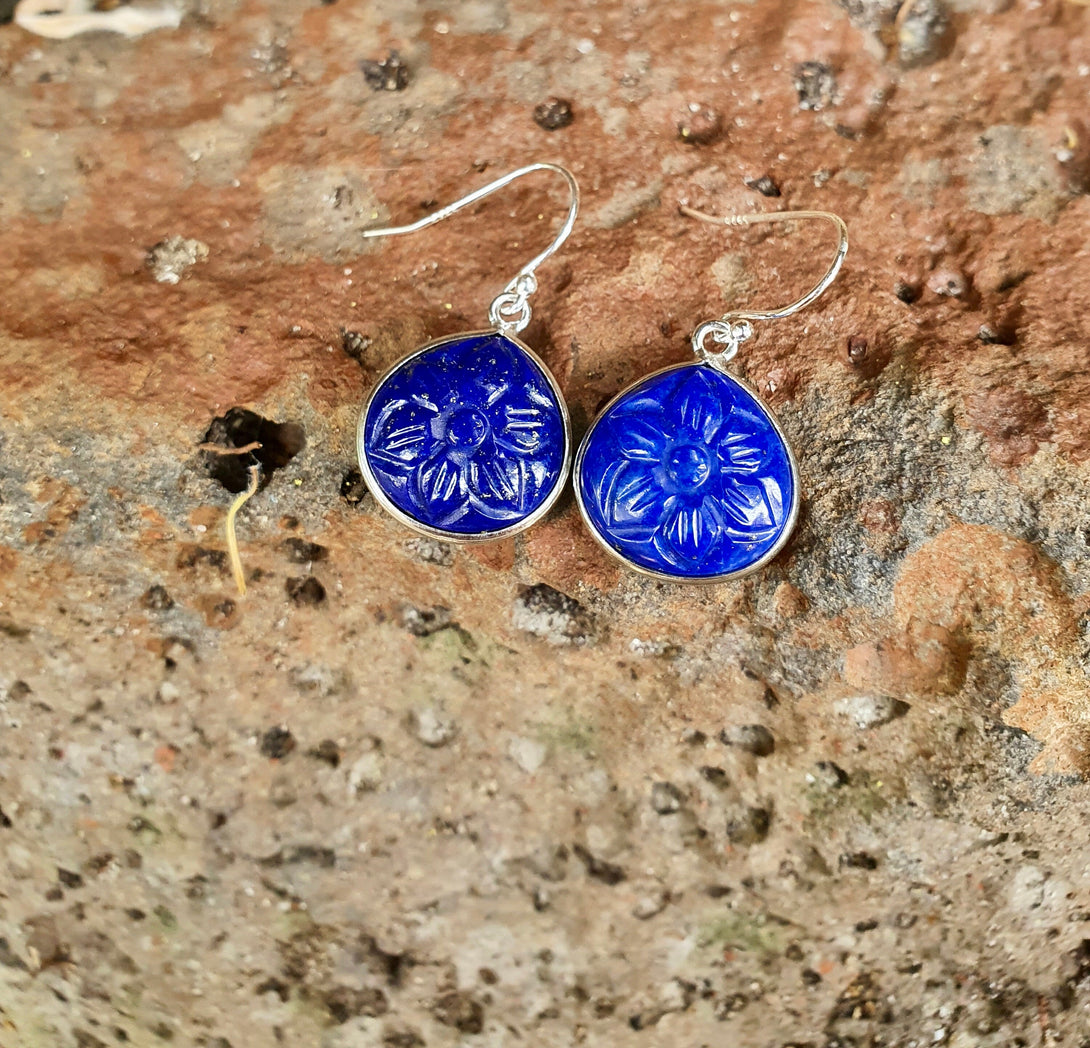 Blue Lapis Lazuli Carved Daisy Flower Earrings, April Birth Flower, September Birthstone Jewellery