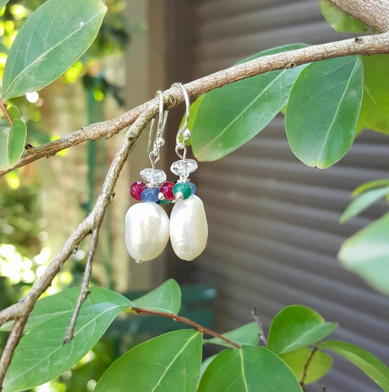 Handmade Baroque Pearl And Gemstone Drop Earrings, June Birthstone Jewellery