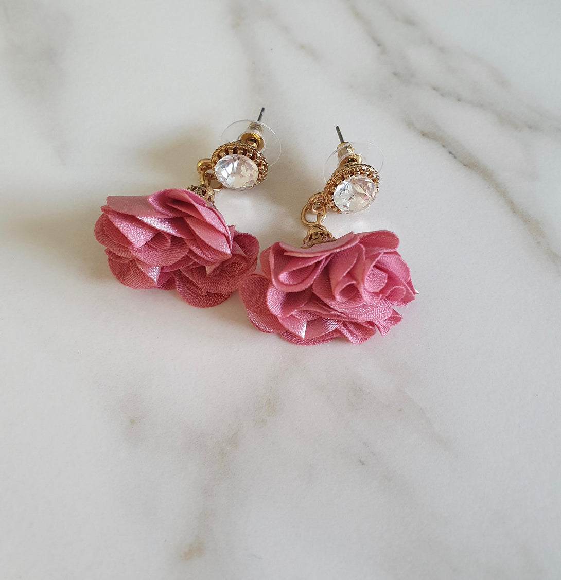 Feminine Pink Silk And Clear Crystal Flower Earrings