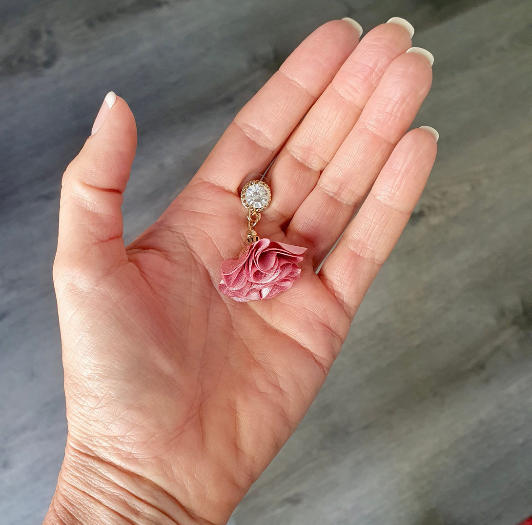 Feminine Pink Silk And Clear Crystal Flower Earrings