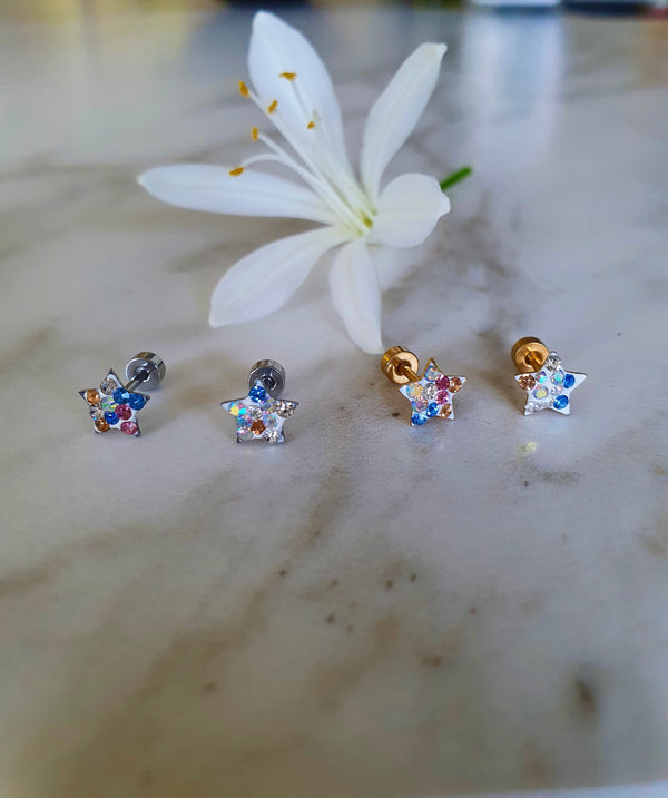 Screw In Titanium Rainbow Star Earrings, Hypoallergenic Children's Flat Back Earrings