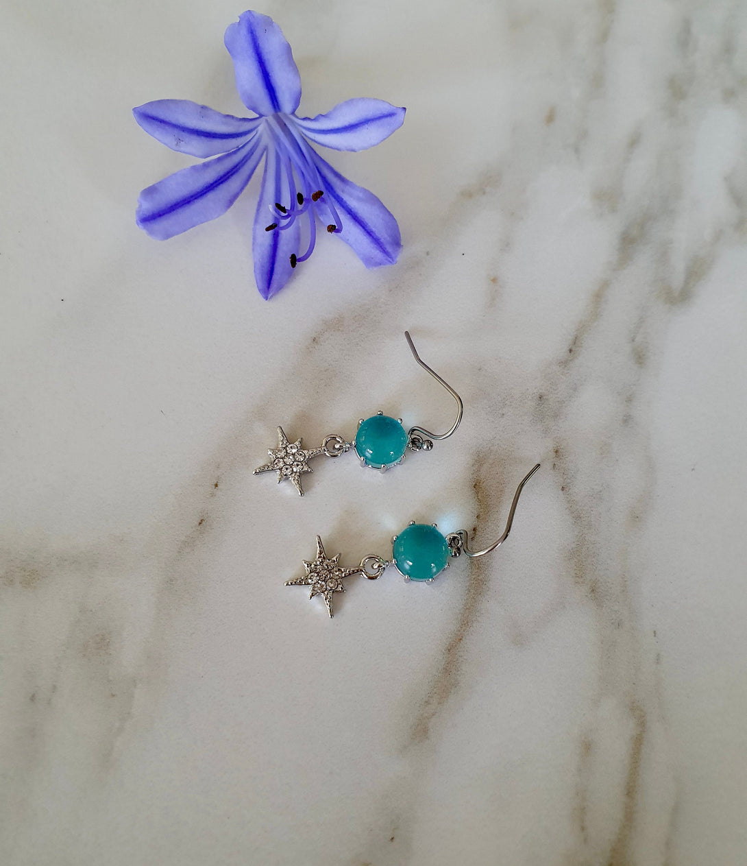 Symbolic North Star And Aquamarine Sparkle Earrings