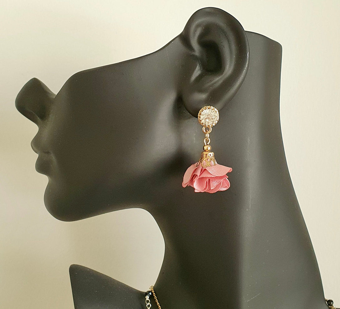 Feminine Pink Silk And Clear Crystal Flower Earrings