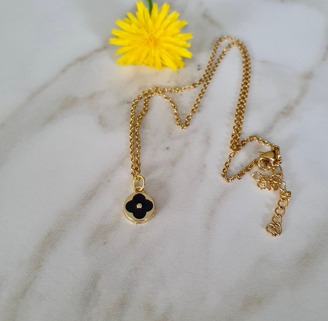 Black Enamel, Lucky Gold Clover Necklace