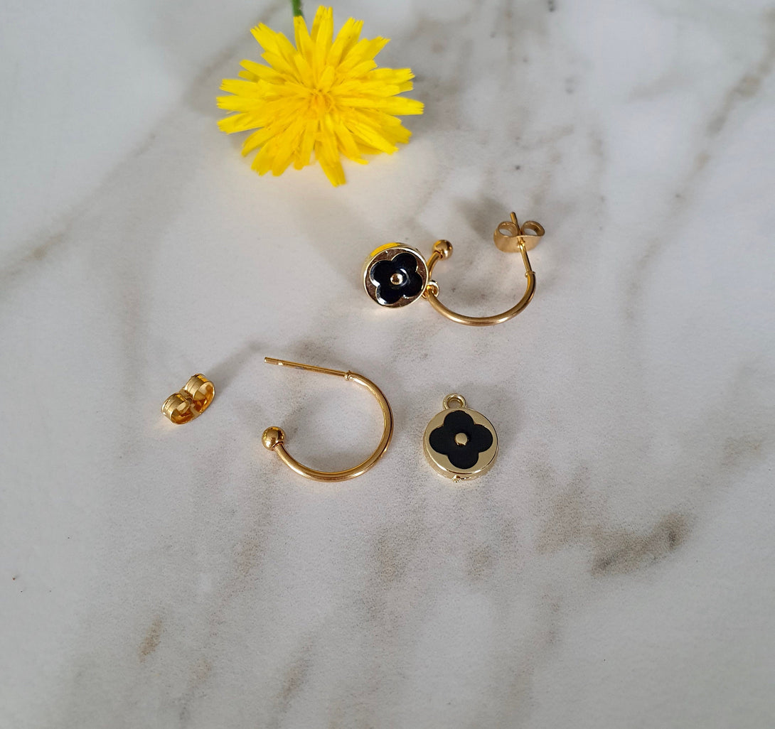 Lucky Gold And Black Enamel Four Leaf Clover Hoop Earrings