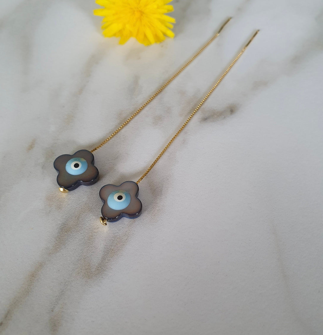 Mother Of Pearl, Clover Evil Eye Threader Earrings, Protective June Birthstone Jewellery