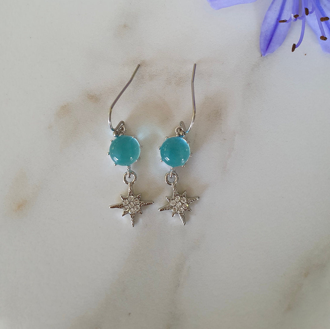 Symbolic North Star And Aquamarine Sparkle Earrings