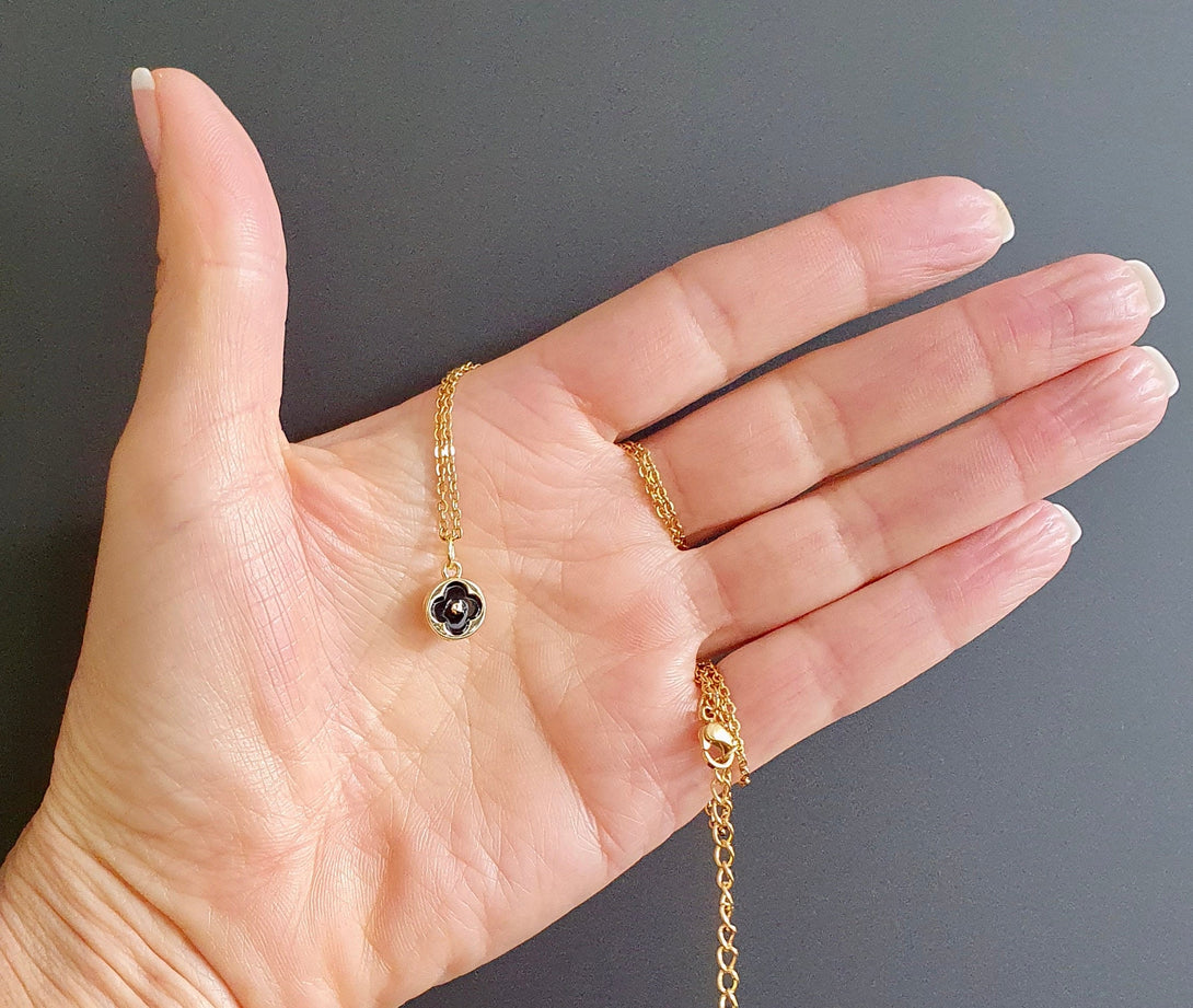 Black Enamel, Lucky Gold Clover Necklace