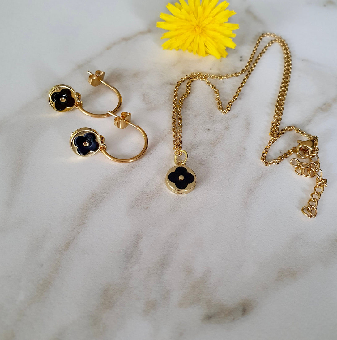 Lucky Gold And Black Enamel Four Leaf Clover Hoop Earrings