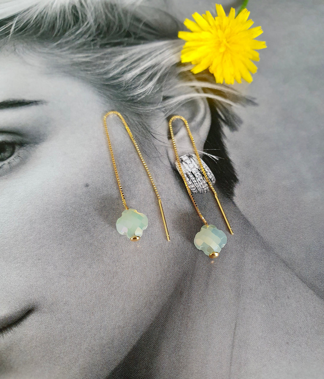 Aquamarine Austrian Crystal Clover Threader Earrings In 18K Gold Plated Sterling Silver, March Birthstone Colour