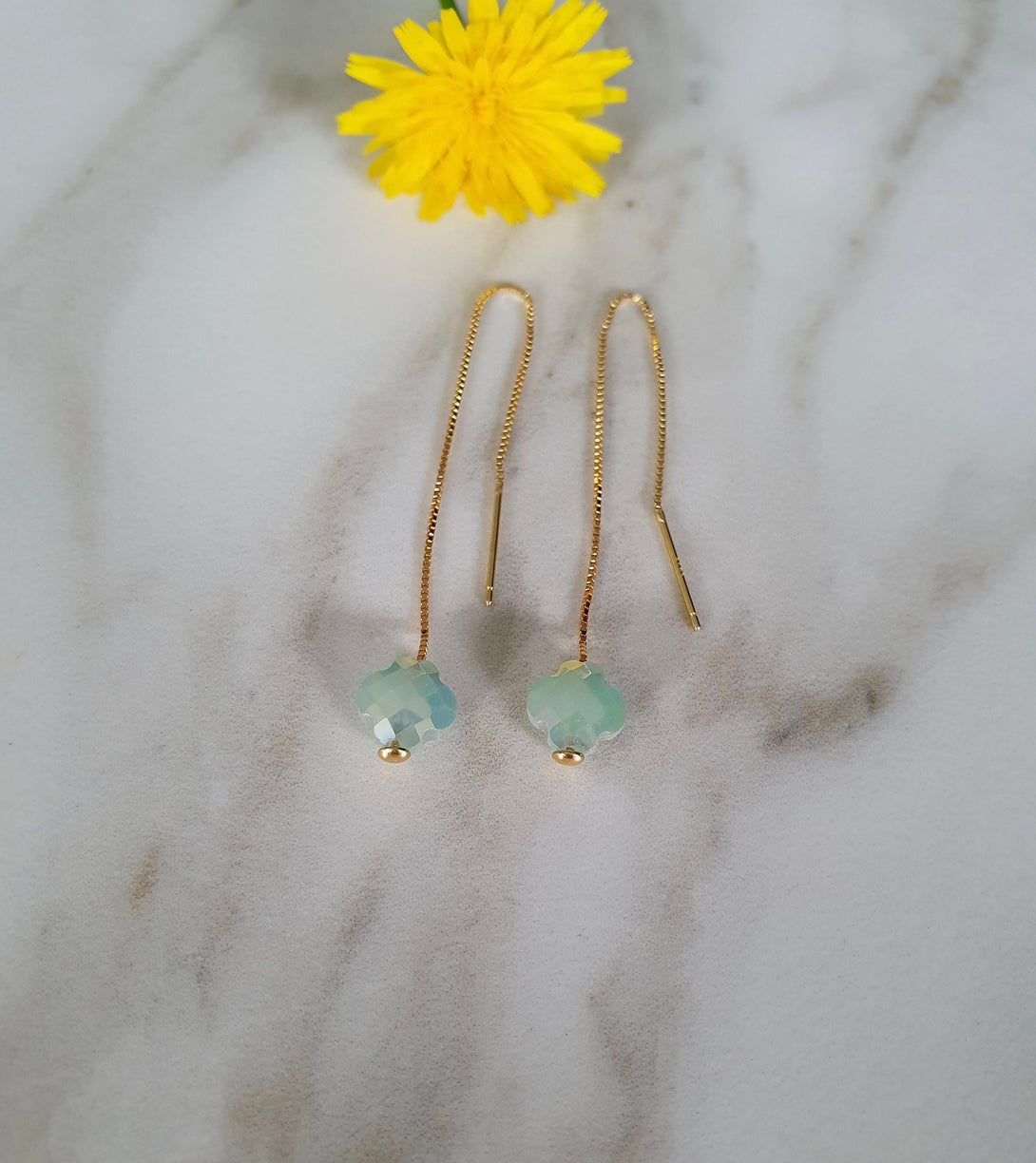 Aquamarine Austrian Crystal Clover Threader Earrings In 18K Gold Plated Sterling Silver, March Birthstone Colour