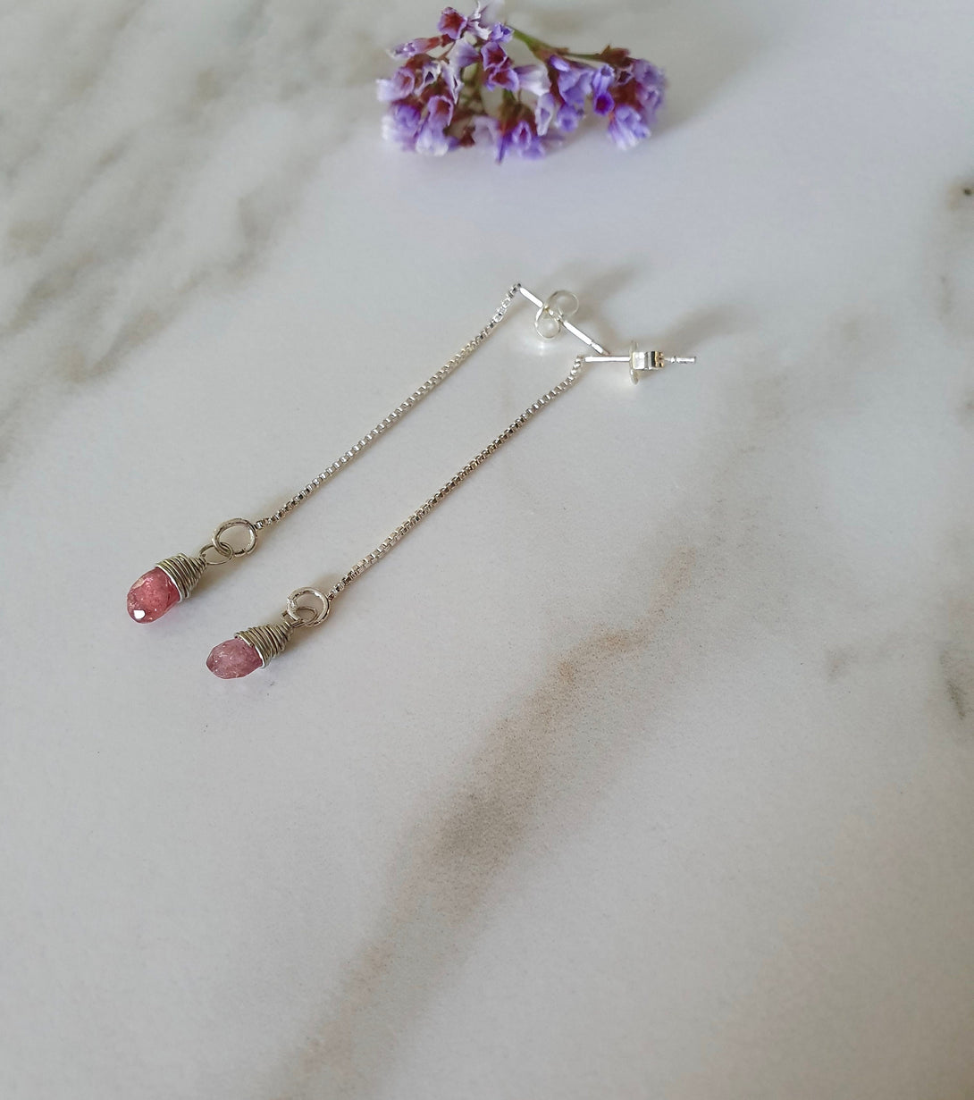 Sterling Silver Gemstone Chain Drop Stud Earrings, Dainty And Delicate Handcrafted Jewellery