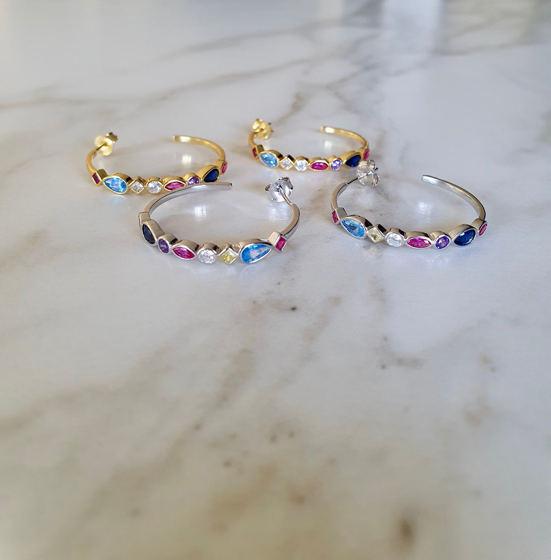 Rainbow Hoop Stud Earrings In Sterling Silver And Gold, Pride Jewellery