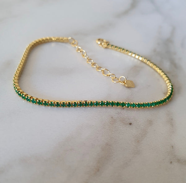 Emerald Green Or Sapphire Blue Tennis Bracelet, Adjustable, In 18K Gold Plated Sterling Silver, Dainty And Feminine