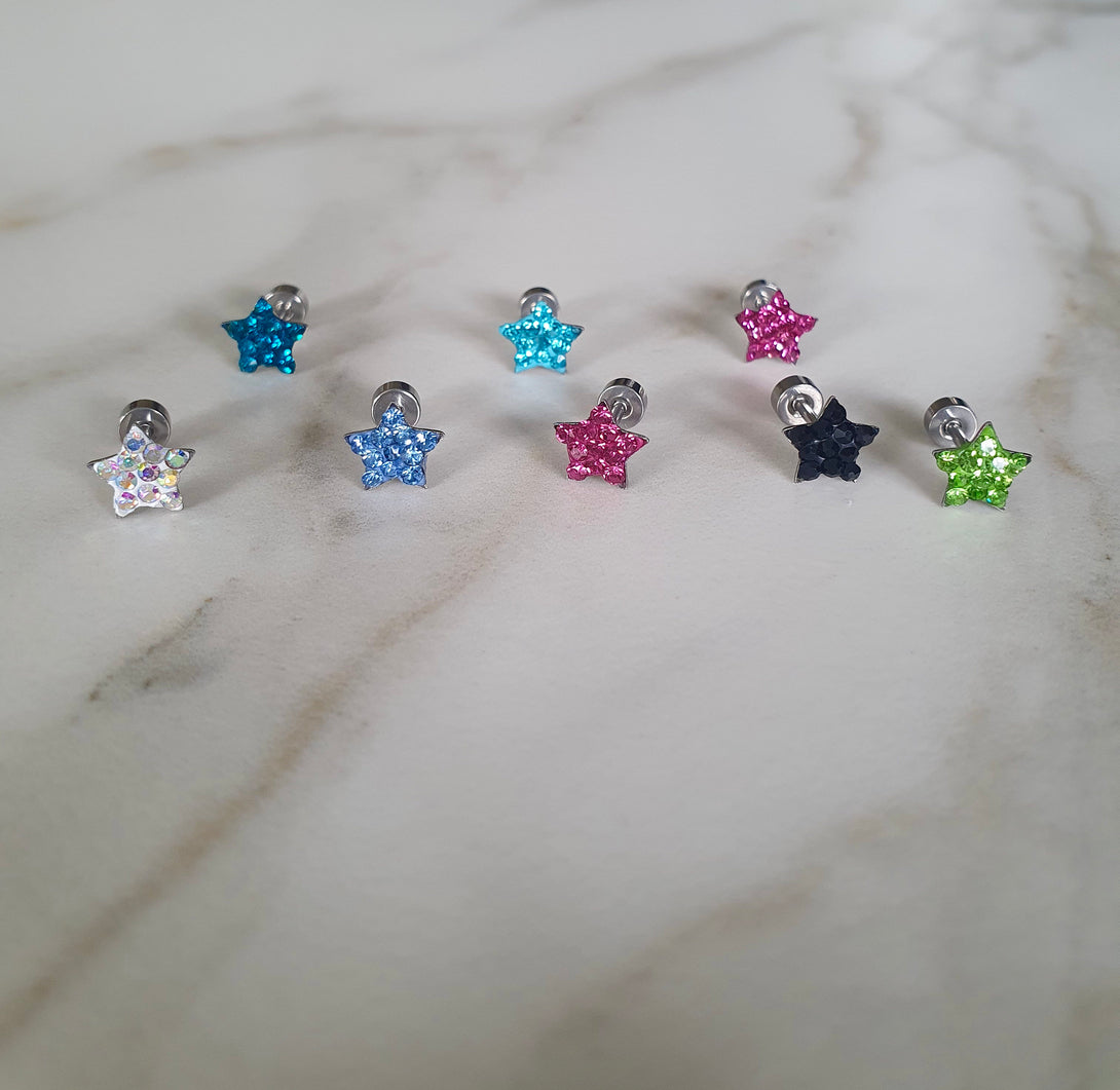 Glitter Star Earrings In Titanium, Hypoallergenic And Secure Screw Backs