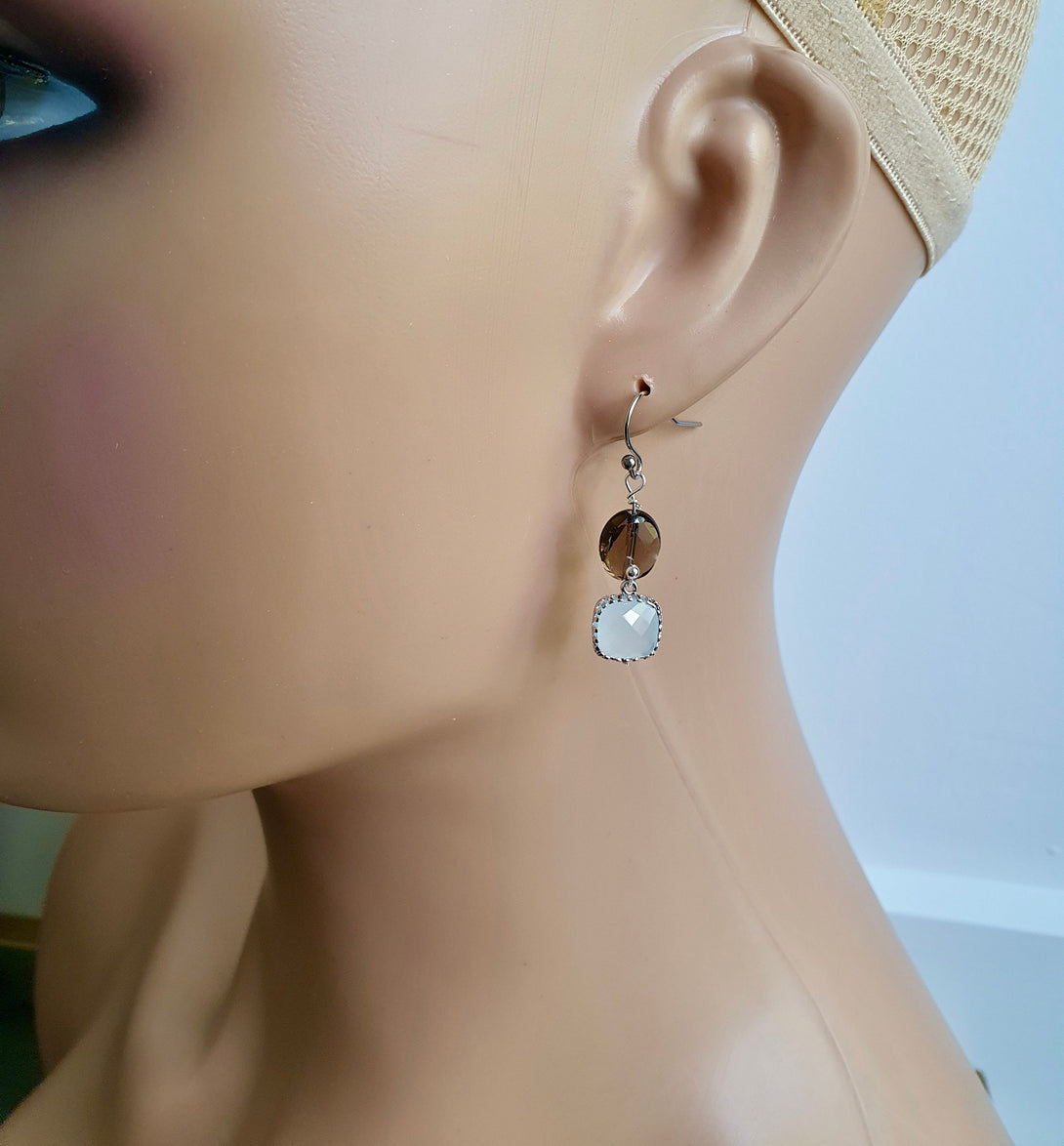 Smokey Quartz And Aqua Chalcedony Crystal Drop Earrings, March And June Birthstone Jewellery